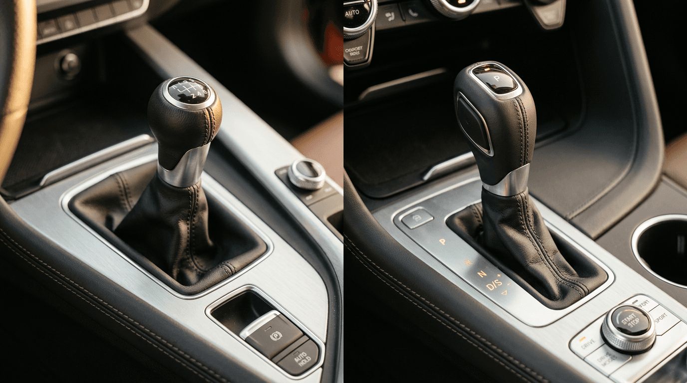 Unutrašnjost automobila sa manuelnim menjačem levo i automatskim selektorom desno