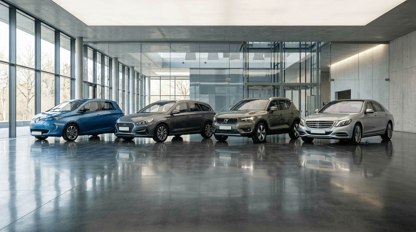 Četiri različita automobila parkirana jedan pored drugog: gradski, karavan, SUV i limuzina