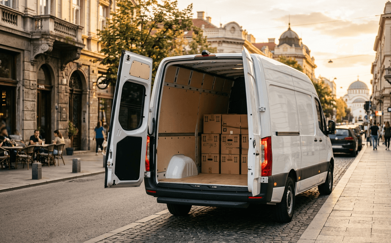Beli teretni kombi sa otvorenim zadnjim vratima i kutijama za selidbu u Beogradu